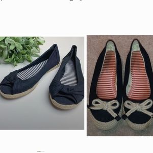 Qty 2 - Flats Peep-Toe Navy Espadrilles and Black with cream color bow